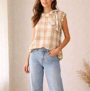 Who What Wear Linen Blend Check Plaid Tan & Soft White Blouse SZ: XL